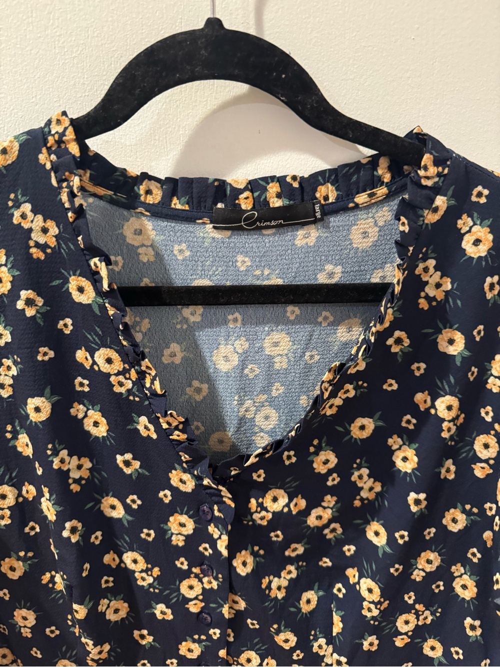 Crimson Floral Midi Dress Womens L Navy Blue Yellow Floral Ruffle Sleeve Boho - Picture 3 of 8